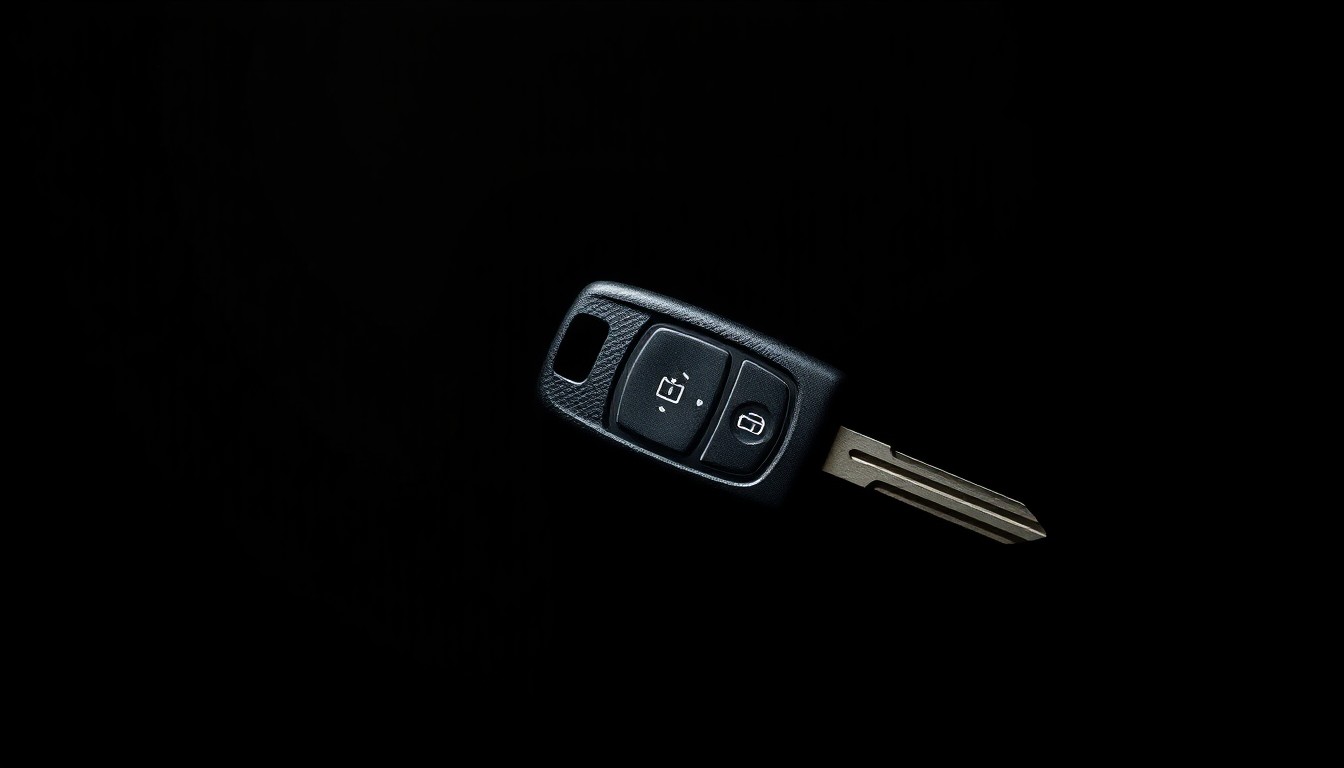 An extreme close-up photograph of a single car key against a pitch-black background, capturing the dramatic texture and material details under harsh, direct lighting to evoke a sense of investigative intensity around this unsolved crime.