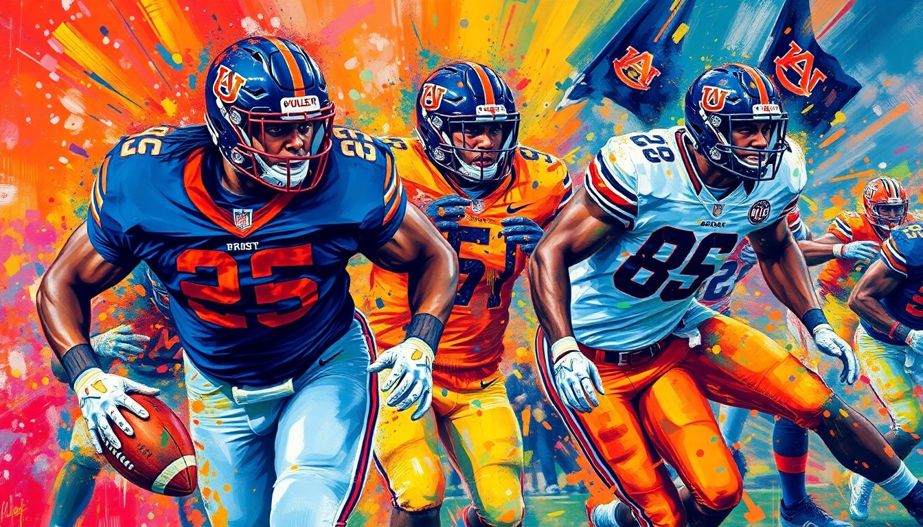 An abstract, energetic painting in neon colors depicting the raw intensity of an Auburn football game, with players' forms dissolving into vibrant brushstrokes.