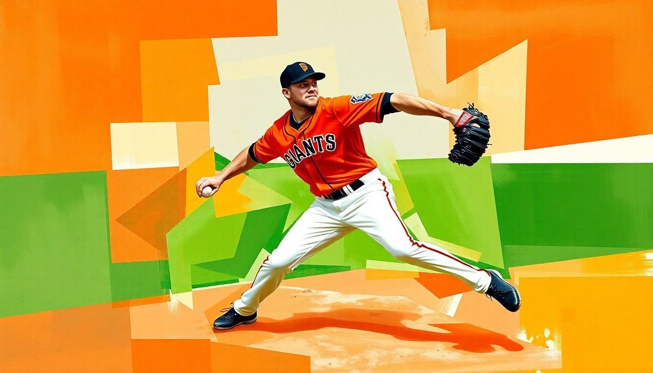 A fragmented, abstract painting depicting a baseball pitcher's throwing motion, with sharp geometric shapes and planes in the Giants' team colors of orange and black.