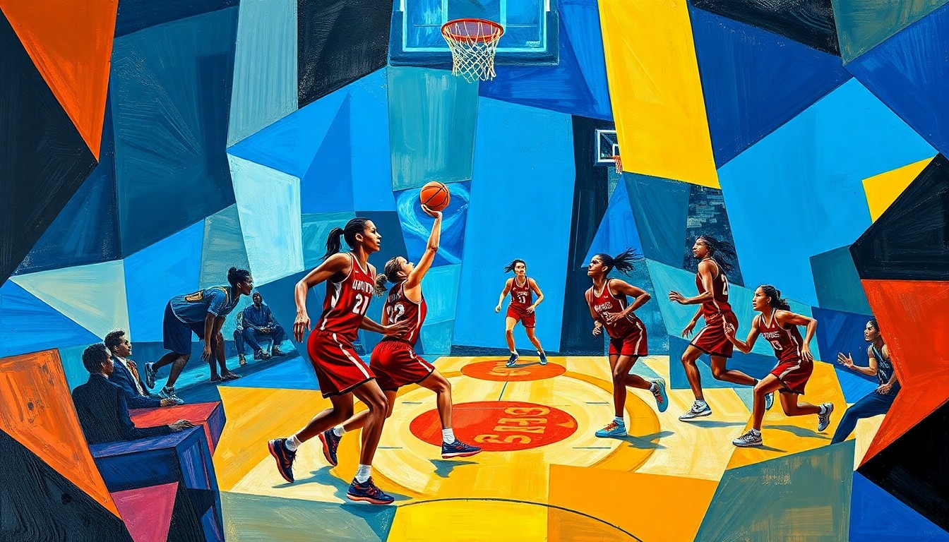 A cubist, geometric painting depicting the abstracted forms of women's basketball players in motion, with sharp angles and overlapping planes in a vibrant color palette representing the dynamic energy of the sport.