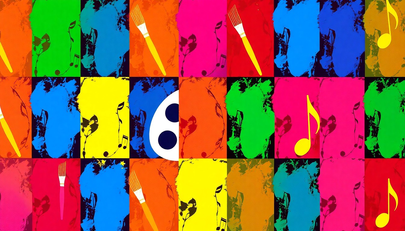 A bold, colorful silkscreen print featuring repeating icons of paintbrushes, paint palettes, and musical notes, capturing the diverse artistic mediums and lively atmosphere of the annual Main Street Arts Festival.