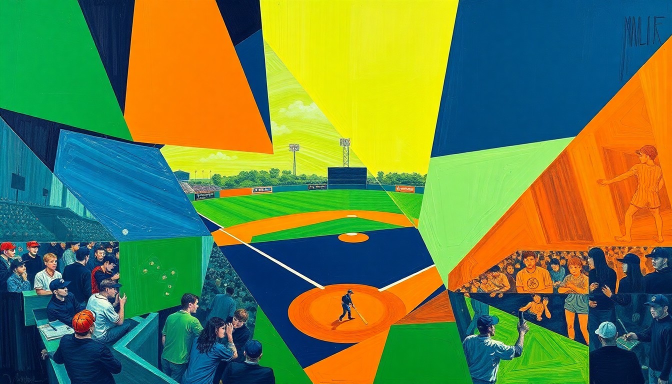 A cubist, geometric painting depicting a high school baseball game, with sharp, overlapping planes of bright green, navy blue, and orange representing the dynamic action on the field.