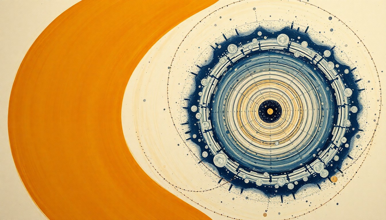 An abstract, highly structured painting in earthy tones of ochre, sienna, and indigo, depicting sweeping cosmic arcs, concentric circles, and precise botanical spirals, conveying the structural order of the early universe before the formation of heavy elements.