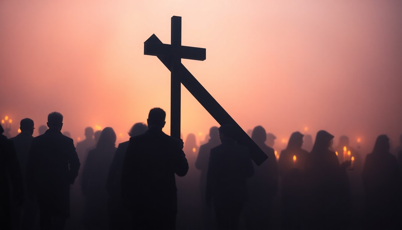 An abstract, out-of-focus photograph showing the silhouettes of people walking in a procession and carrying a large wooden cross, with the scene bathed in a warm, hazy glow of candlelight.