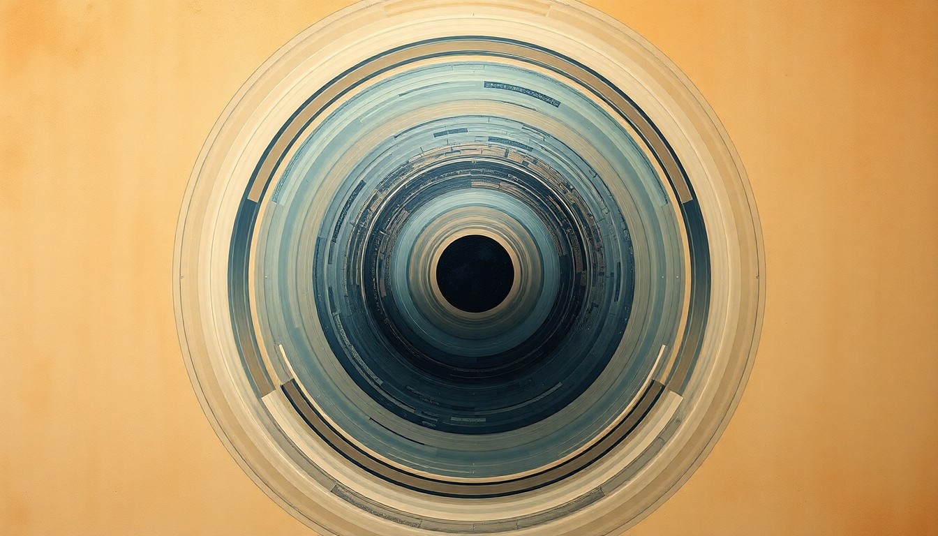 A bold, abstract painting in soft colors depicting the sweeping geometric shapes and concentric circles of a giant exoplanet orbiting a small, low-mass star, conveying the complex structures and forces at work in this unusual planetary system.