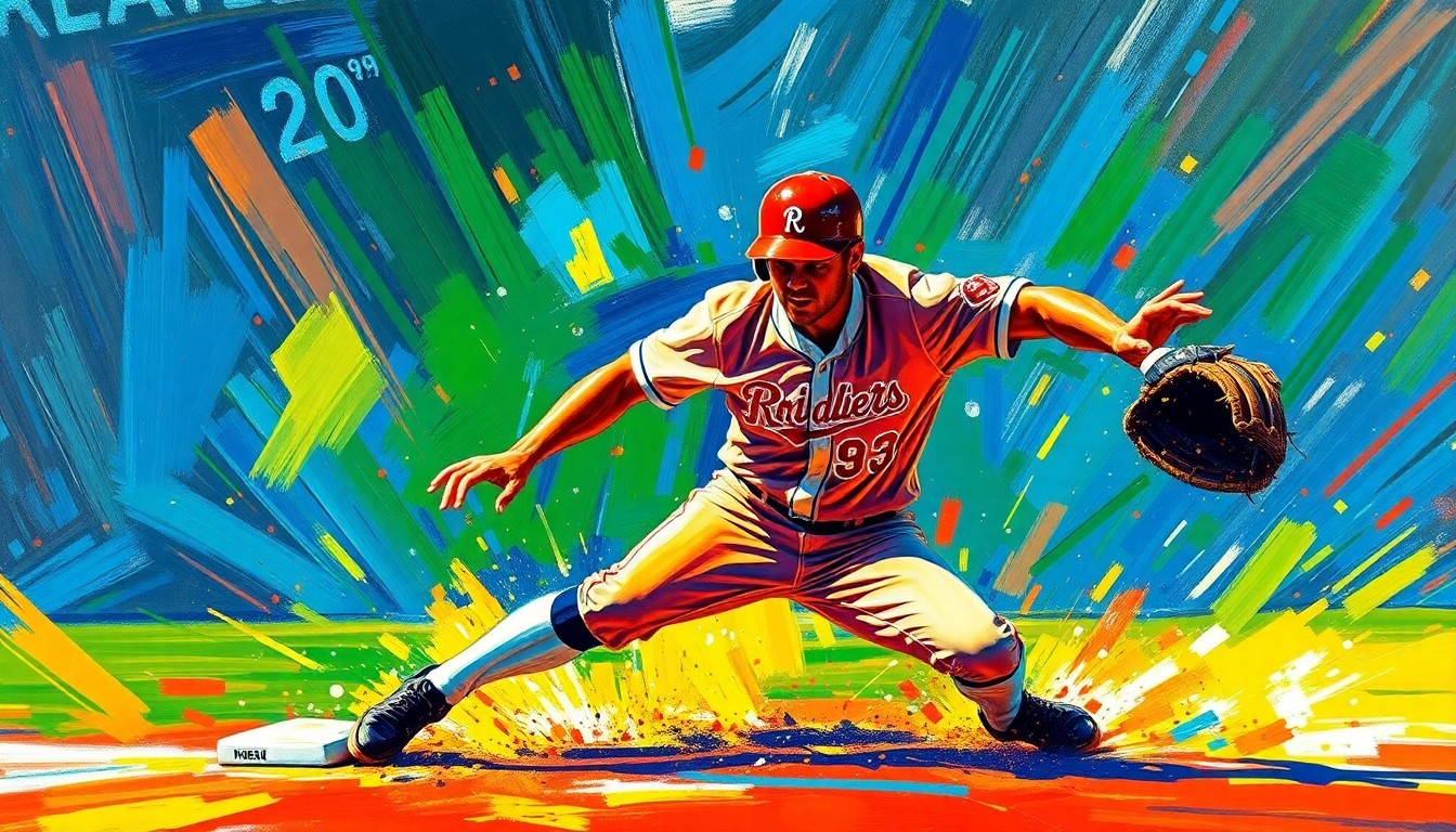 A vibrant, expressionist painting in neon colors depicting a baseball player sliding into a base, capturing the raw energy and movement of the sport.