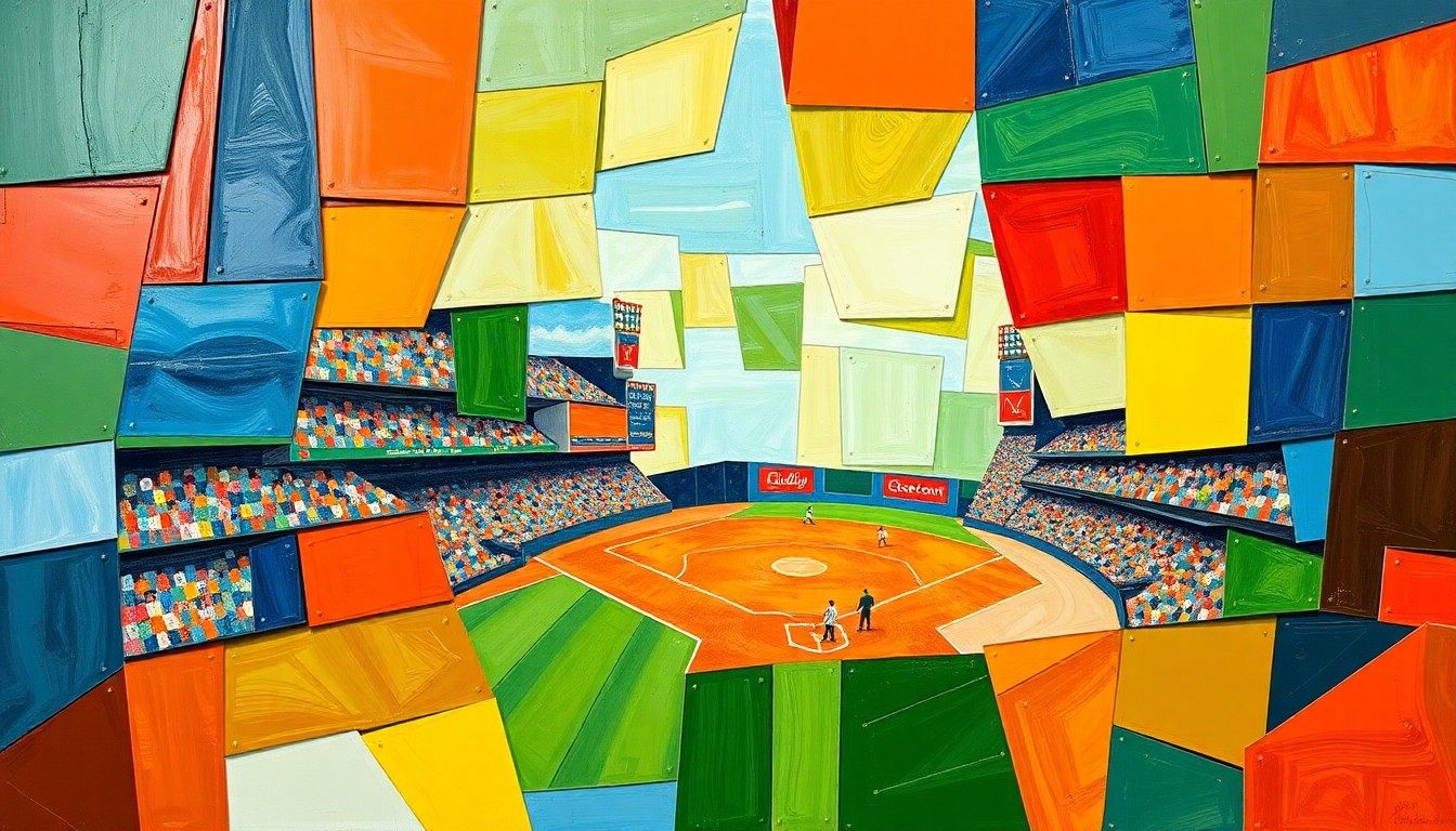 A fractured, cubist-style painting depicting a baseball game, with players and the field broken down into sharp, overlapping geometric shapes in a vibrant color palette of blues, oranges, and greens.