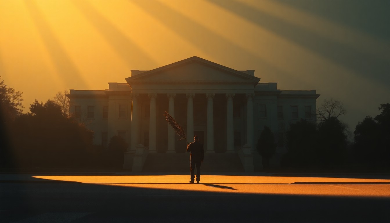 A serene, cinematic painting depicting a lone figure holding a palm branch, standing in front of a government building shrouded in warm, dramatic lighting and deep shadows, conveying the contemplative mood of the faith-based immigration reform gathering.