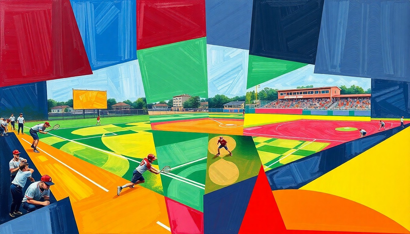A fragmented, cubist-style painting depicting the dynamic movements and competitive energy of high school sports, with sharp geometric shapes and planes in the school colors representing Butte Central.