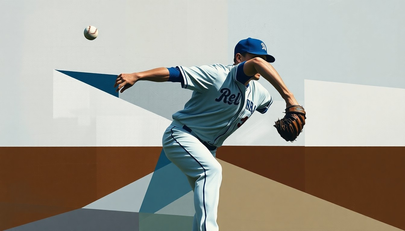A cubist-style painting depicting a baseball pitcher's motion broken down into fragmented, overlapping geometric shapes in muted colors, conceptually representing the Mets' failure to retain a key player.