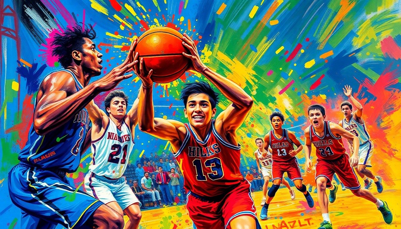 An abstract, energetic painting in neon colors depicting the fast-paced action and raw emotion of a high school basketball game, with players' forms dissolving into vibrant brushstrokes.