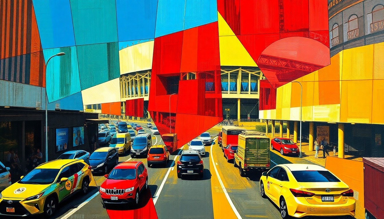 A cubist, geometric painting depicting a chaotic traffic scene around a large sports stadium, with cars, buses, and pedestrians fragmented into overlapping planes of vibrant colors.