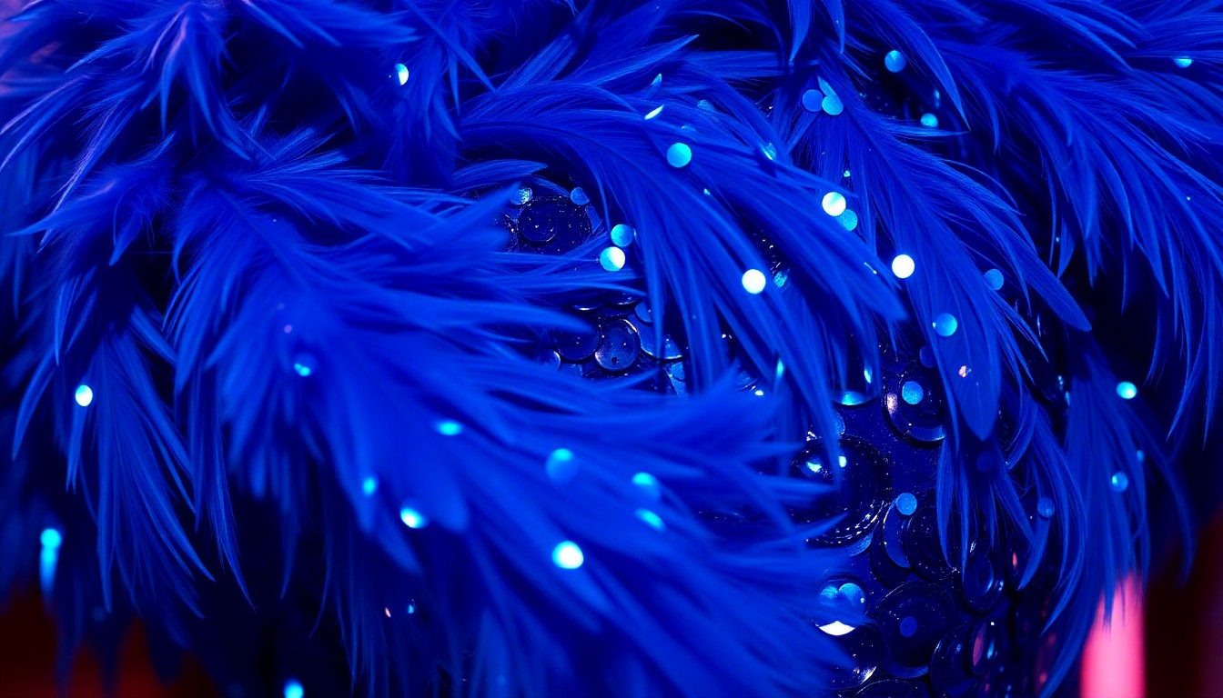 An extreme close-up photograph of shimmering blue sequins and feathers, capturing the luxurious textures and high-fashion glamour of Zendaya's premiere looks for 'The Drama'.