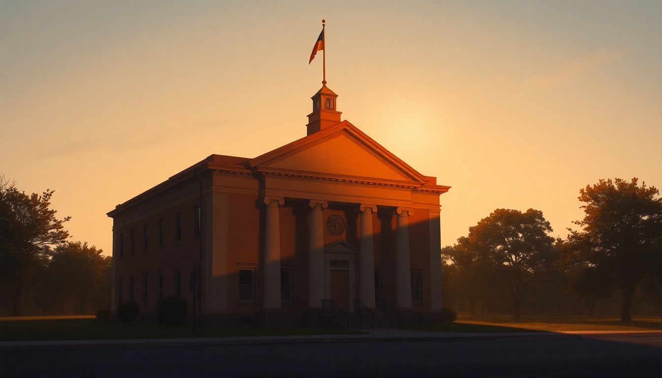 A serene, painterly depiction of a county courthouse building in warm, muted tones, with dramatic shadows and a sense of quiet contemplation, conceptually representing the lack of political competition in this local election cycle.