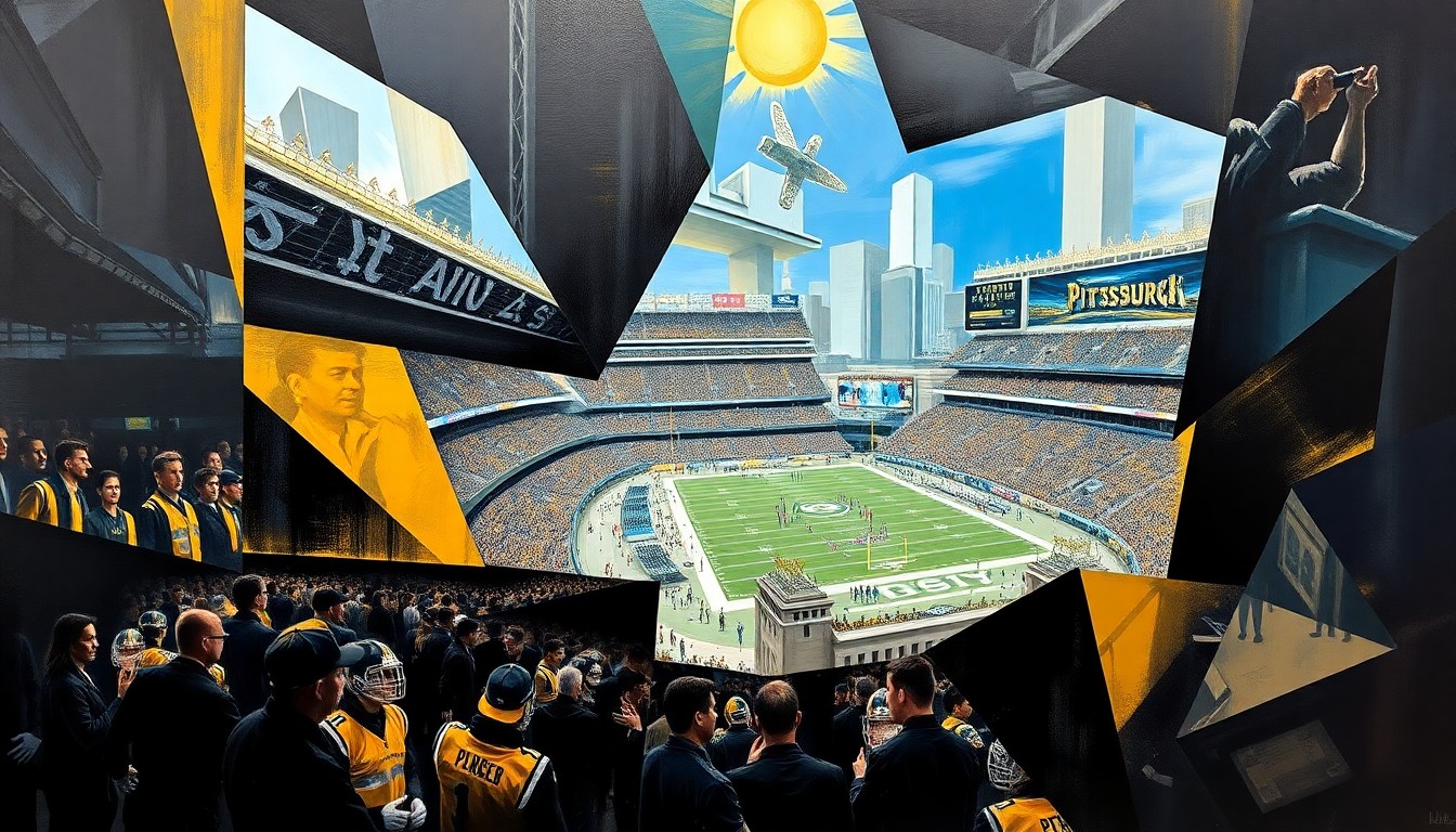 A fractured, multi-perspective painting depicting the NFL Draft in Pittsburgh, with players, fans, and security personnel represented as fragmented, angular shapes in a vibrant color palette of black, gold, and steel blue.