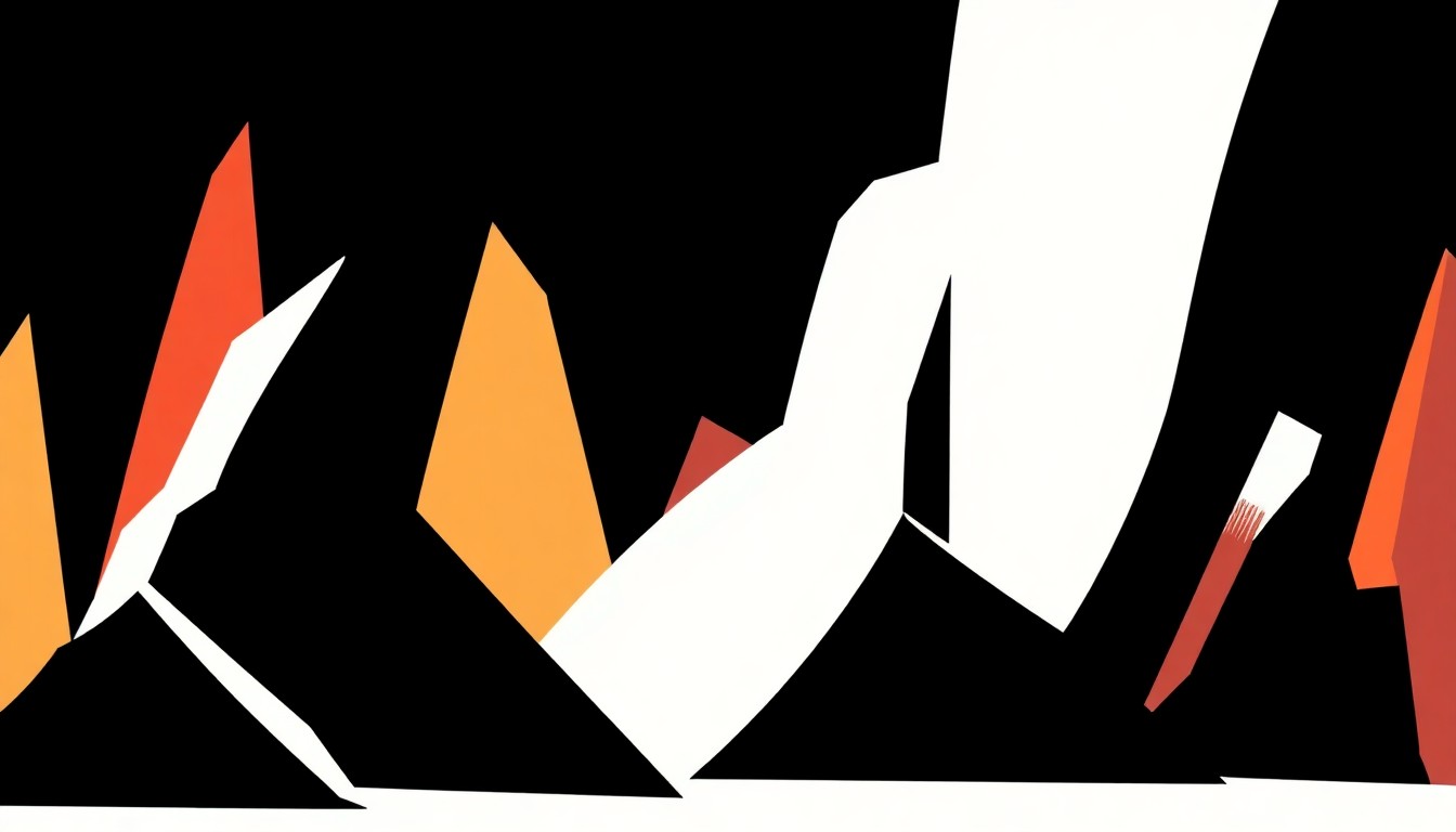 An abstract, minimalist composition of sharp, angular shapes in bold colors like red, black, and white, conceptually representing the vast character customization options in the Pathfinder 1st Edition roleplaying game.