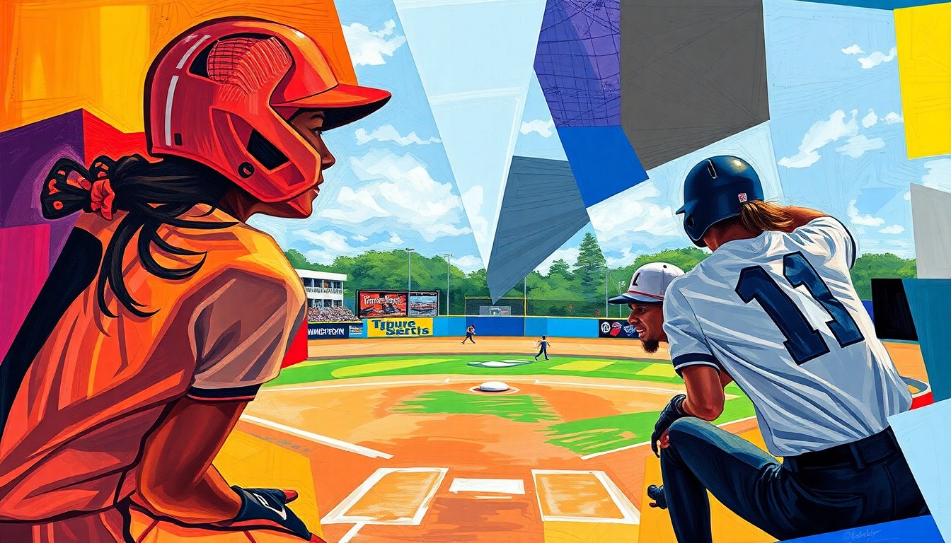 A cubist, geometric painting depicting the motion and competition of a college softball game, with fragmented, overlapping shapes and planes in the team colors of Washburn and Fort Hays State.