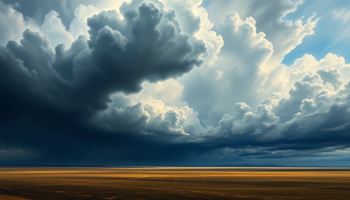 A sweeping, atmospheric landscape painting depicting a massive, ominous storm cloud system dominating the skyline over a flat, desolate plain, conveying the overwhelming, sublime power of nature.