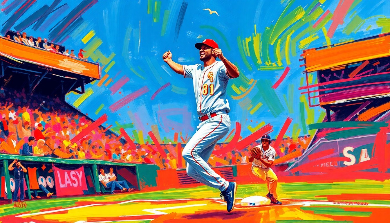 An abstract, textured painting in bright neon colors depicting the dynamic motion and energy of a baseball player celebrating on the field.