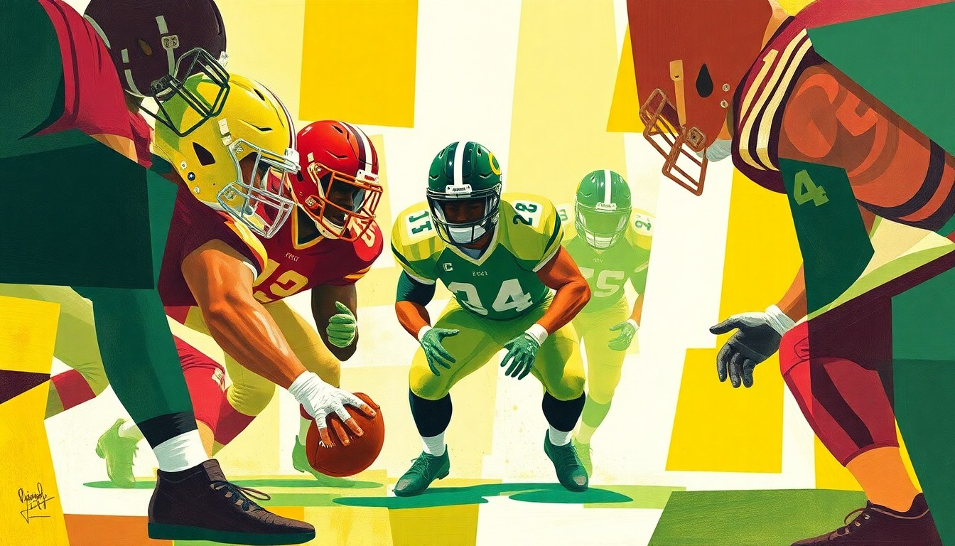 A cubist, geometric painting depicting the chaotic action of a college football defensive line, with sharp, overlapping planes of color representing the players' movements and collisions.