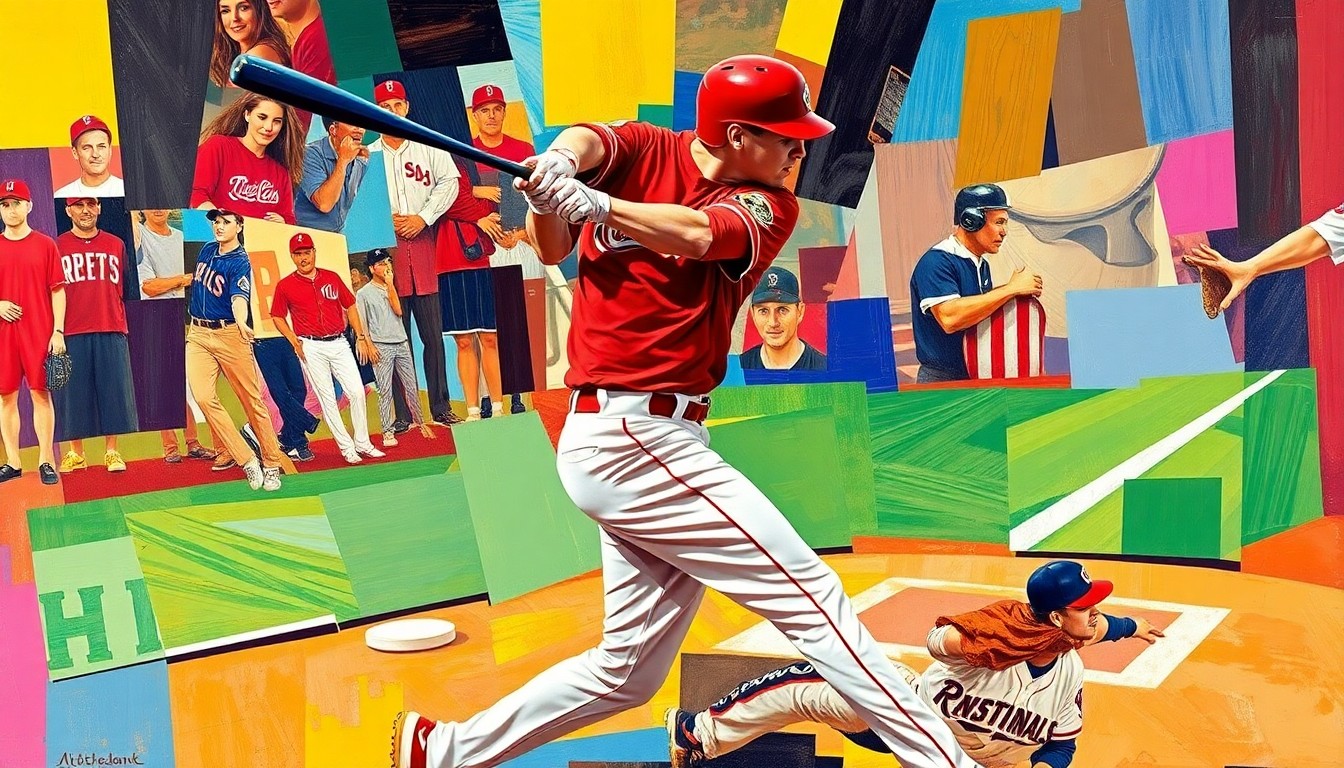 A fragmented, geometric painting depicting the explosive power and motion of a baseball swing, with sharp planes of red and blue representing the uniforms of the Reds and Nationals.