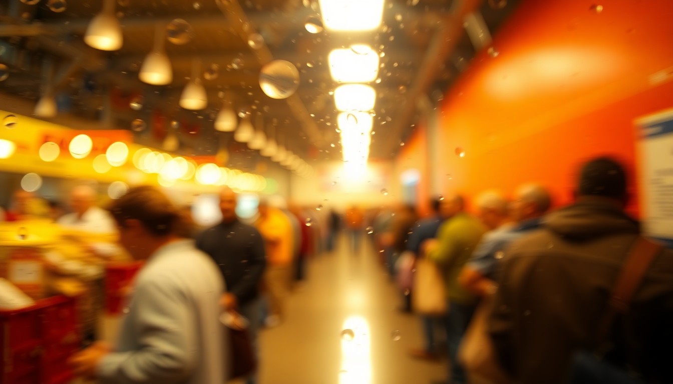 An abstract, impressionistic scene of blurred, out-of-focus figures waiting in line at a food bank, with soft, warm pools of light creating a sense of compassion and community.