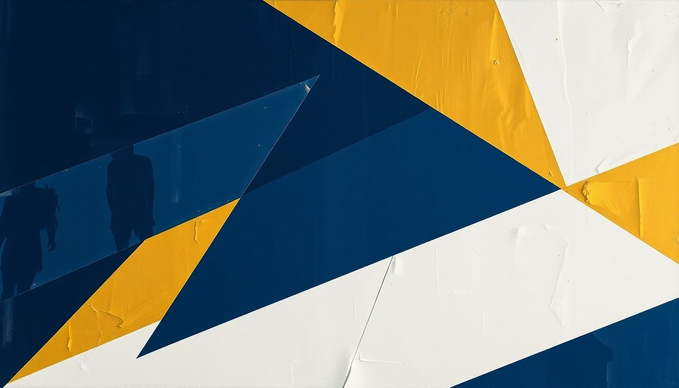 A cubist, geometric painting depicting a fragmented WNBA basketball game, with overlapping planes of navy, gold, and white shapes representing the dynamic action on the court.
