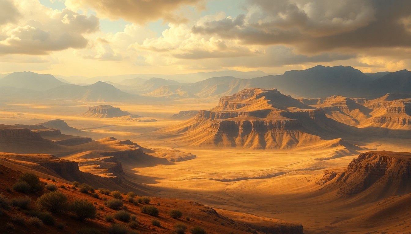 A vast, majestic landscape painting in muted earth tones, with dramatic clouds and deep shadows conveying the overwhelming scale and power of the natural environment in the High Country.