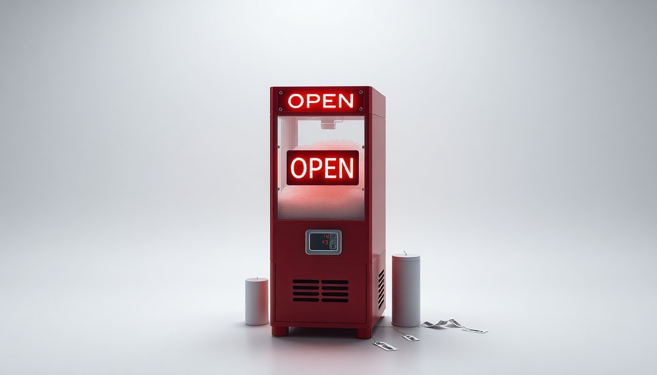 A minimalist studio still life photograph showing a closed 'OPEN' sign, a lone slushie machine, and scattered price tags, representing the closure of a once-thriving 7-Eleven store in Oildale.