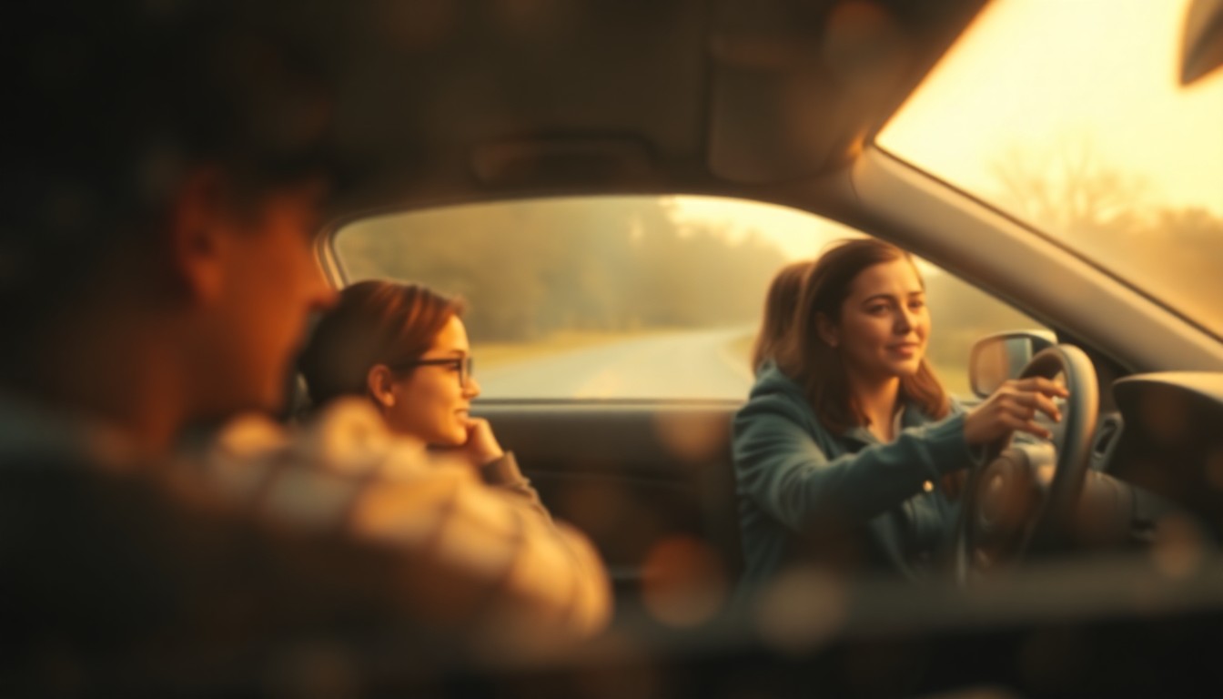 An extremely abstracted, out-of-focus photograph of a hazy, dreamlike scene of high school students learning to drive a car on a winding road, with warm, soft pools of light and color filling the frame, conceptually representing the transformative experience of gaining independence through driver's education.