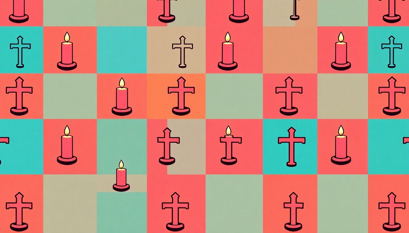 A brightly colored, high-contrast silkscreen print of a single, iconic religious cross repeated in a tight grid pattern, utilizing flat, vibrant, and unnatural neon color palettes overlapping with heavy black photographic outlines to turn a sacred symbol into modern pop art.