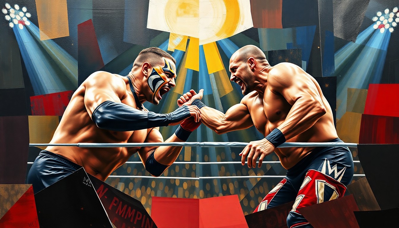 A cubist, geometric painting depicting a chaotic wrestling match between two figures, their bodies and movements fractured and abstracted into sharp, overlapping planes of color.