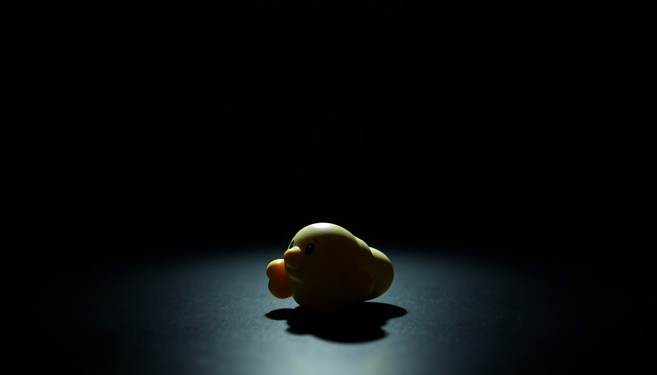 An extreme close-up photograph of a small, unidentifiable child's toy or object, lit by a harsh, direct camera flash against a pitch-black background, creating a stark, gritty, and investigative aesthetic.