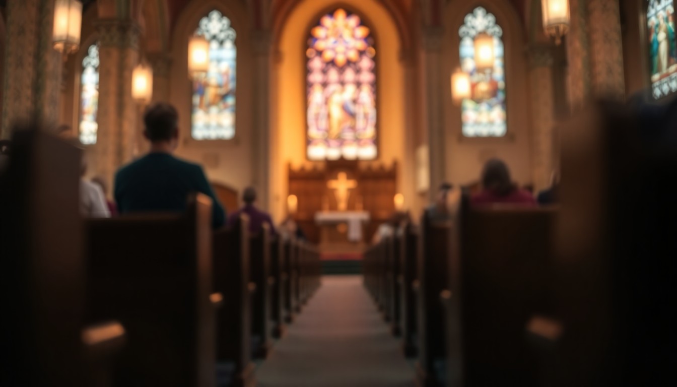 An extremely abstracted, out-of-focus photograph of the interior of a cathedral, with soft pools of warm light and color washing over the pews and stained glass windows, conveying the quiet, reflective mood of a religious service.
