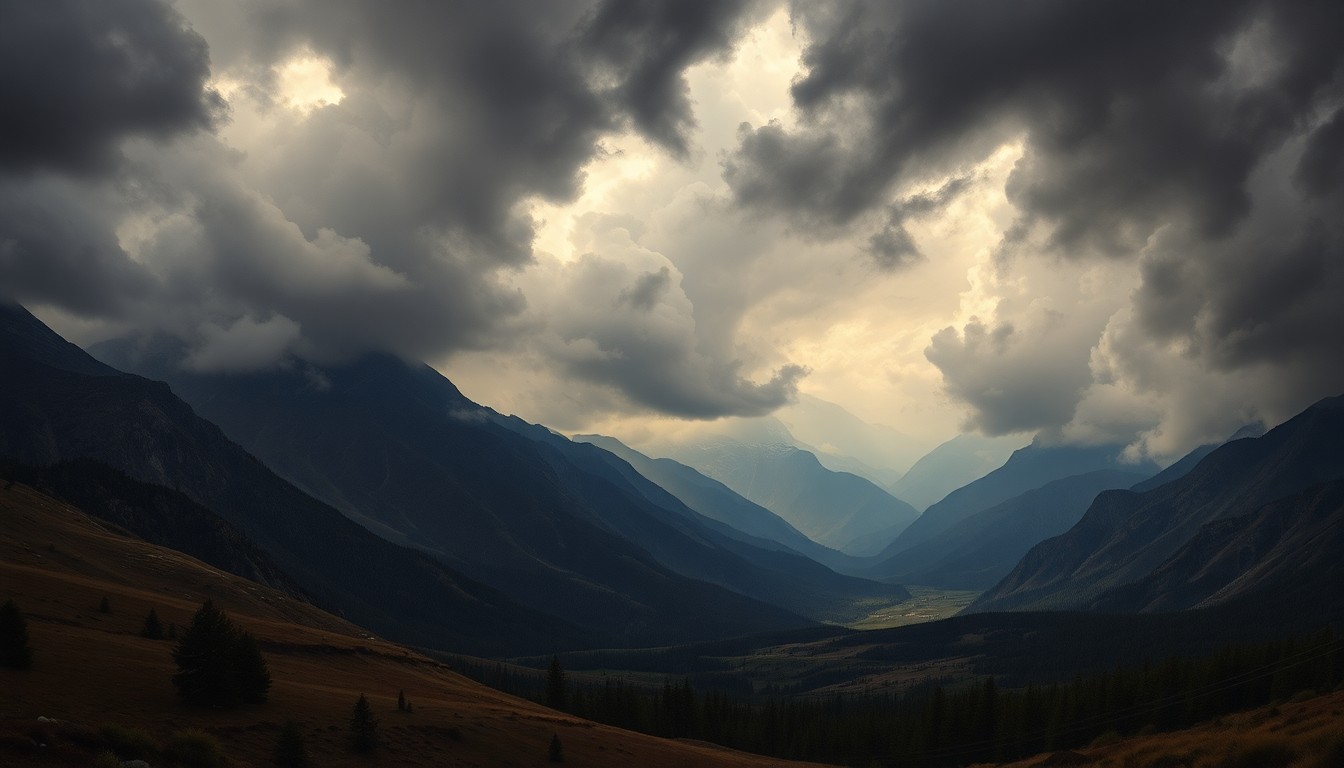 A vast, atmospheric landscape painting depicting the Sierra Nevada mountains shrouded in heavy, dramatic clouds and mist, conveying the overwhelming power of an approaching storm system.