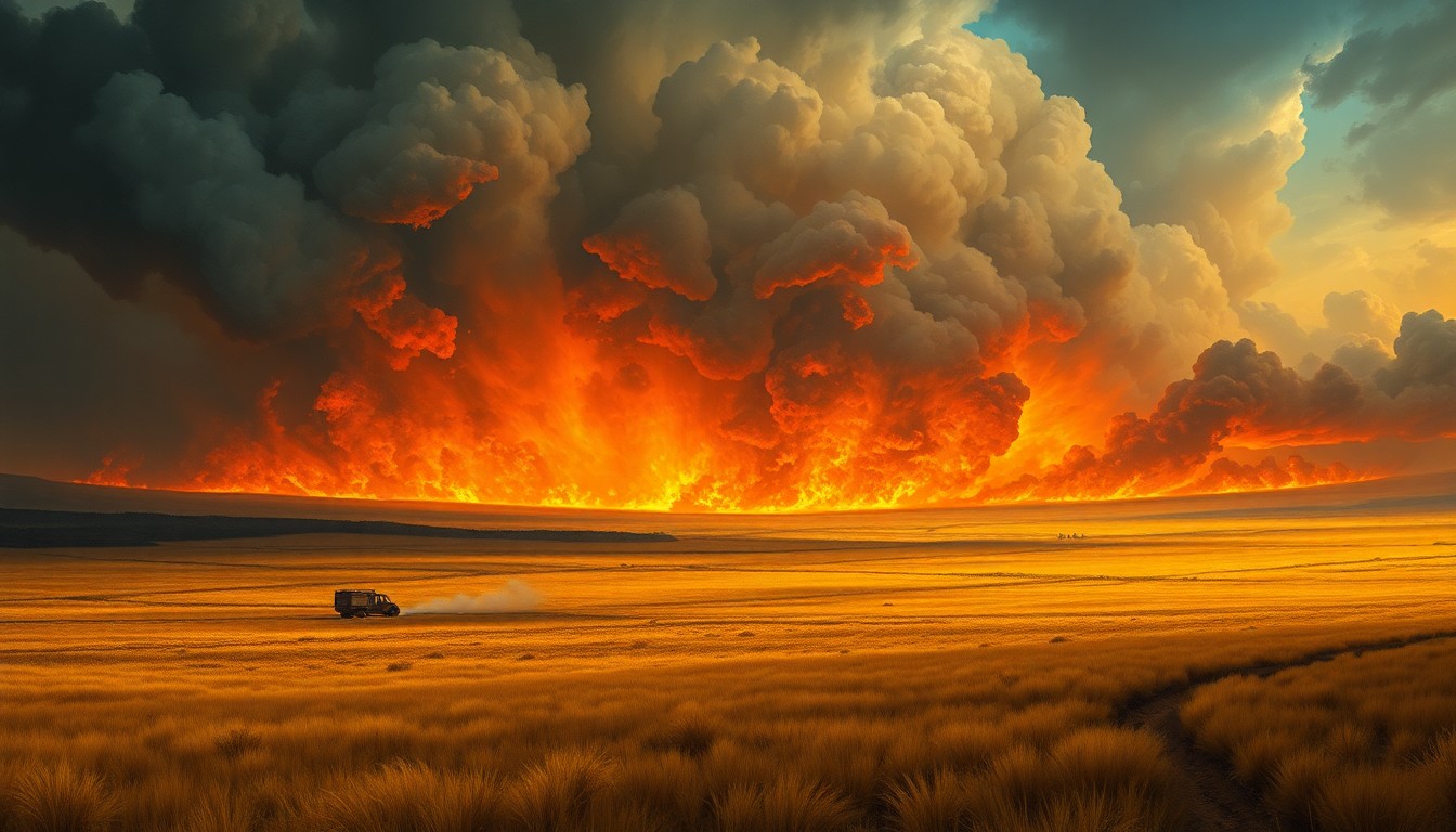 A sweeping, atmospheric landscape painting in muted earth tones, with a massive wildfire consuming the dry grasslands under a turbulent, ominous sky, conveying the overwhelming scale and power of the natural disaster.