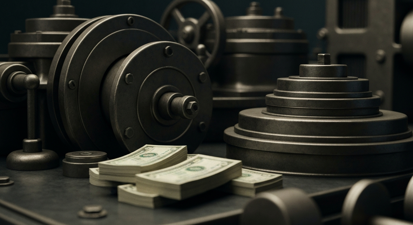 An extreme close-up of gears, levers, and other industrial banking machinery, conveying the tangible, institutional power of the financial system as a metaphor for Ripple's blockchain-based small business initiatives.