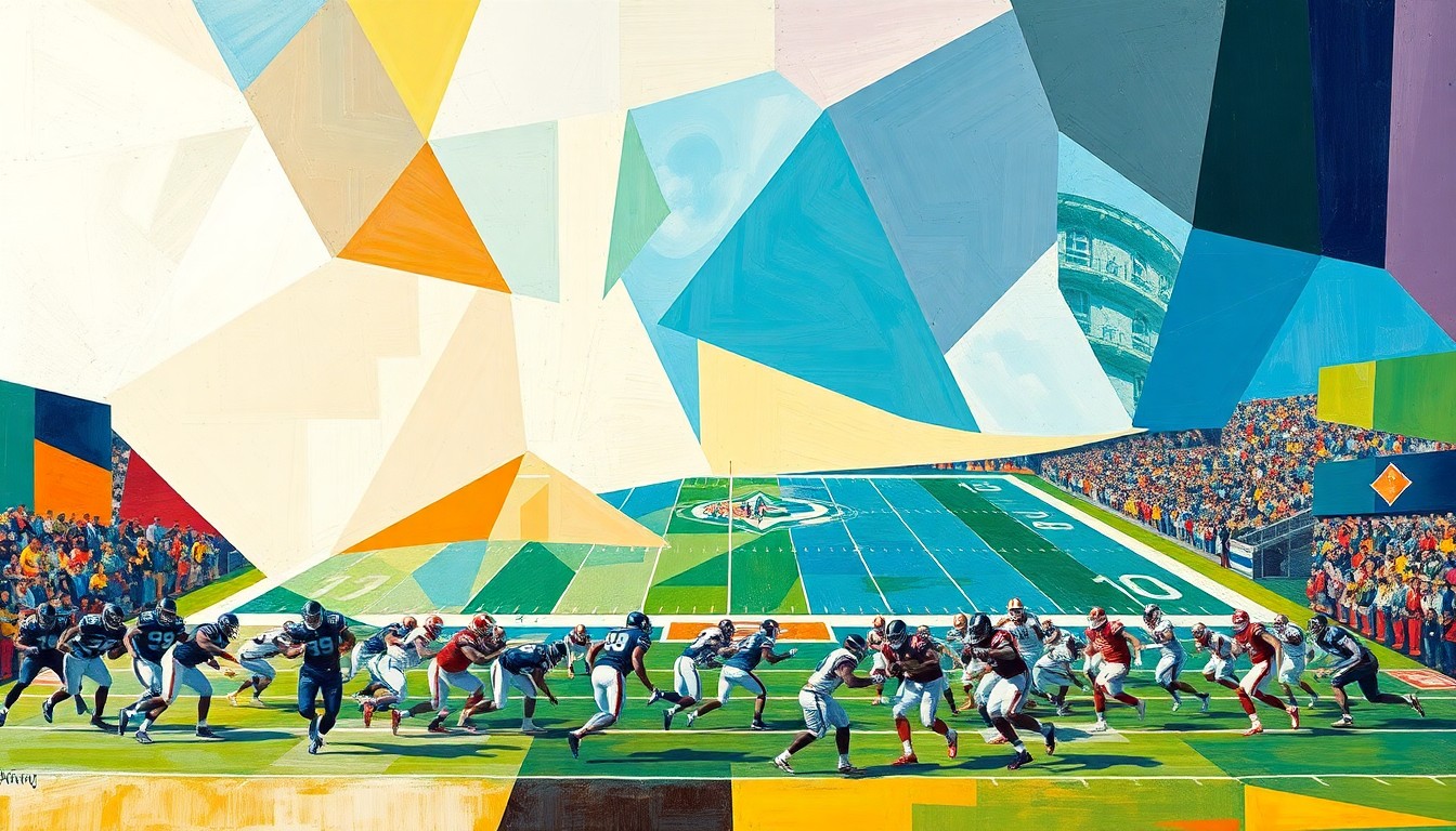 A cubist, geometric painting depicting a fragmented college football game, with players and the field broken down into abstract shapes and planes of color.