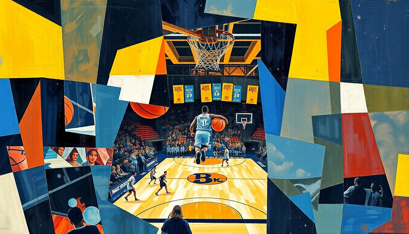 A cubist, fragmented painting depicting a college basketball game, with the court, players, and ball broken down into sharp, overlapping geometric shapes and planes in a vibrant color palette.