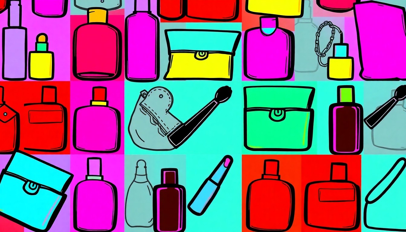 A high-contrast silkscreen print in vibrant neon colors, featuring a repeating grid of a single iconic fashion or beauty item, conceptually representing the diverse styles and creative legacies of the four women profiled.