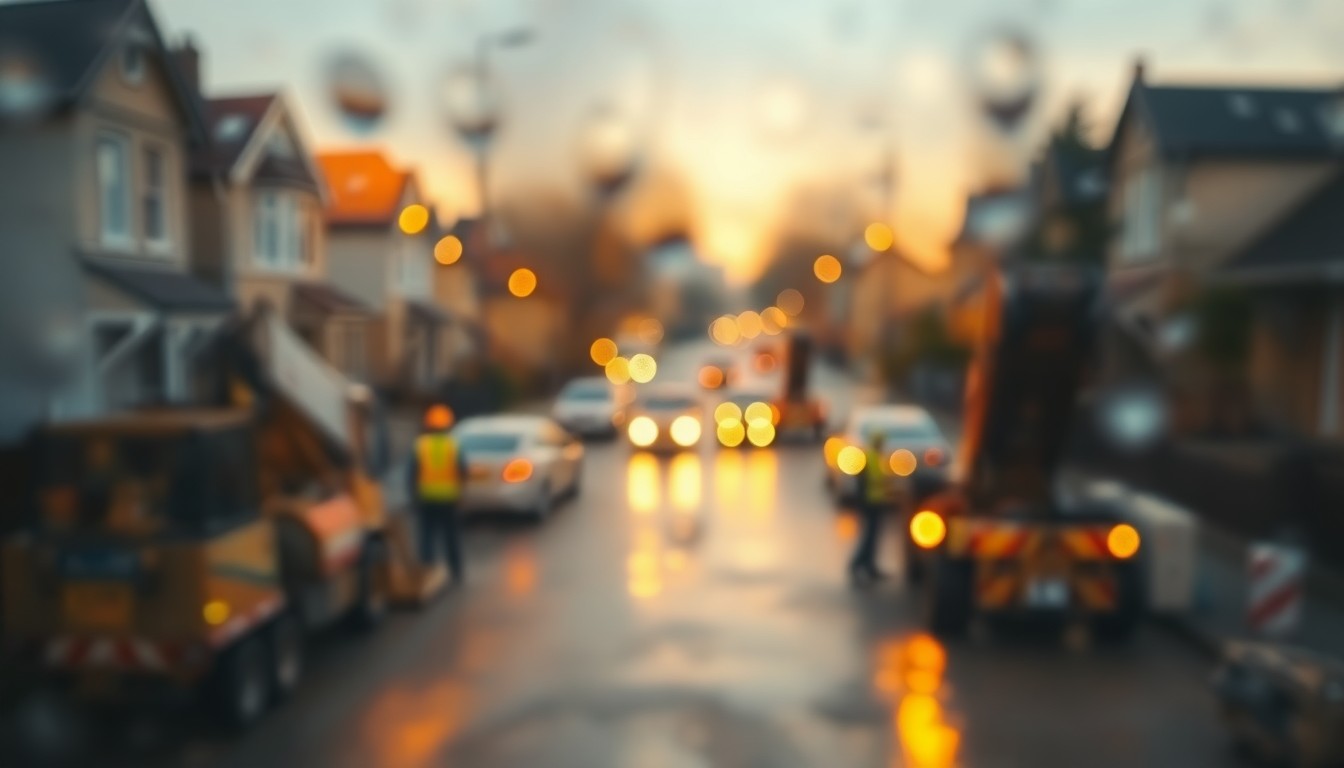 An abstract, impressionistic photograph showing a blurred scene of construction equipment and workers on a residential street, with warm, soft pools of color and light, conceptually representing infrastructure upgrades in a local community.