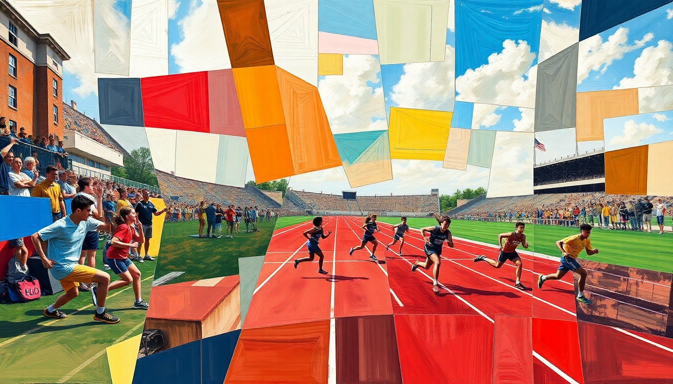 A fragmented, multi-angled painting depicting the dynamic movements and competitive spirit of a high school track and field competition, rendered in a cubist style with sharp, overlapping geometric shapes and planes.