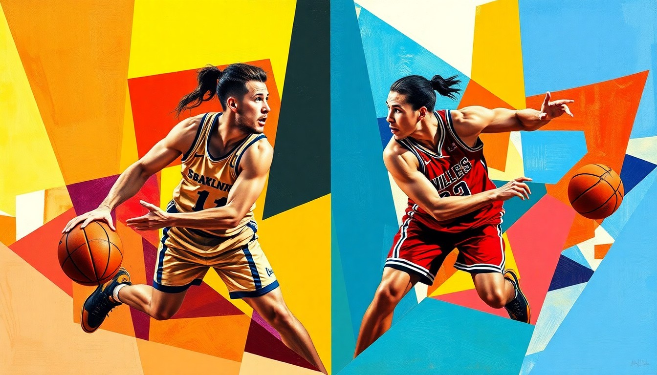 A cubist, geometric painting depicting the dynamic basketball action between Paige Bueckers and Azzi Fudd, with their figures deconstructed into abstract shapes and planes of vibrant colors.
