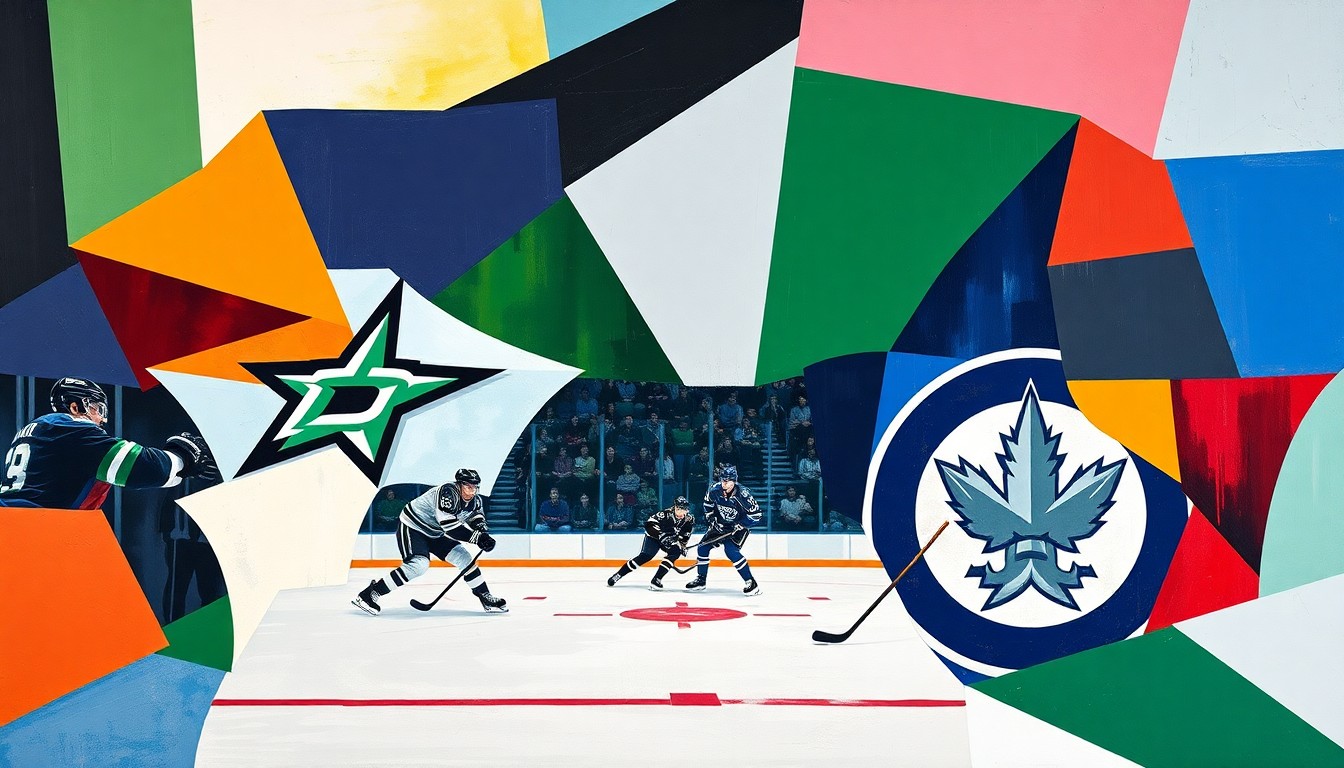 A cubist, geometric painting depicting a hockey game, with sharp, overlapping planes of color representing the players and action on the ice.
