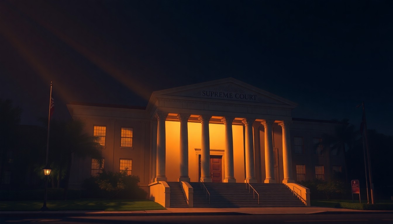A serene, photorealistic painting of the exterior of the Hawai'i Supreme Court building, with the facade bathed in warm, golden sunlight and deep shadows, capturing a sense of quiet contemplation and civic importance.