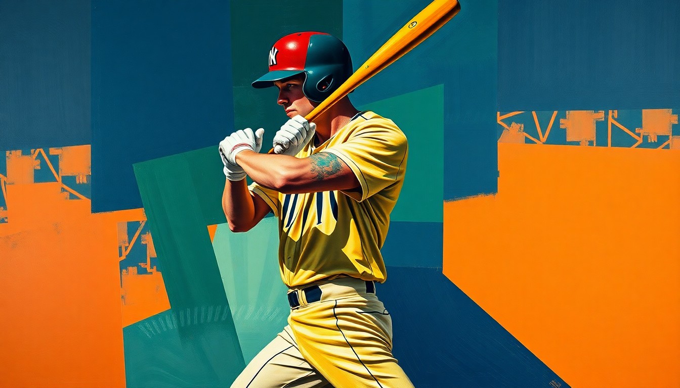 A fragmented, geometric painting depicting a baseball player's batting stance, with sharp planes of navy, green, and orange intersecting to create a dynamic, abstract composition.