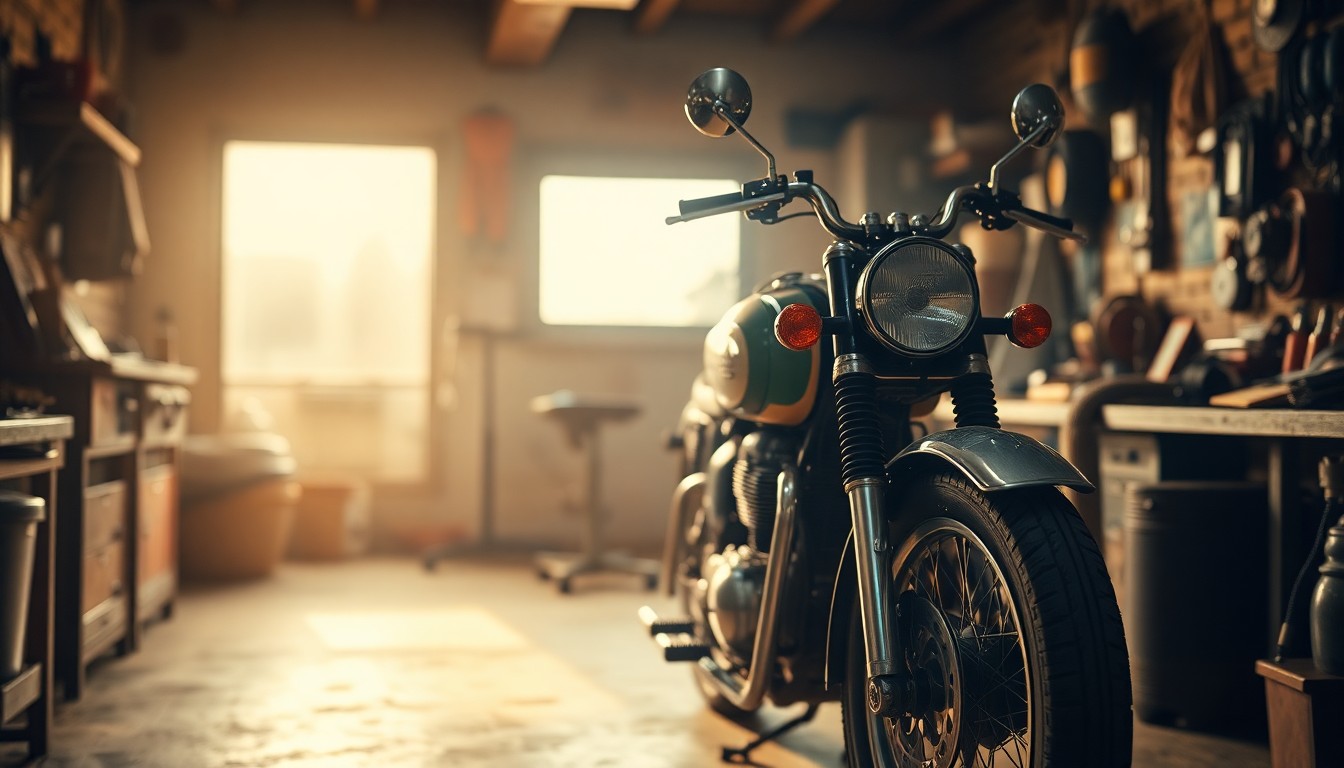 An abstract, out-of-focus photograph in warm, golden tones depicting the interior of a cozy garage, with the blurred outline of a vintage motorcycle and various mechanical tools and parts visible in the background, conveying a sense of nostalgia and the passing of time.
