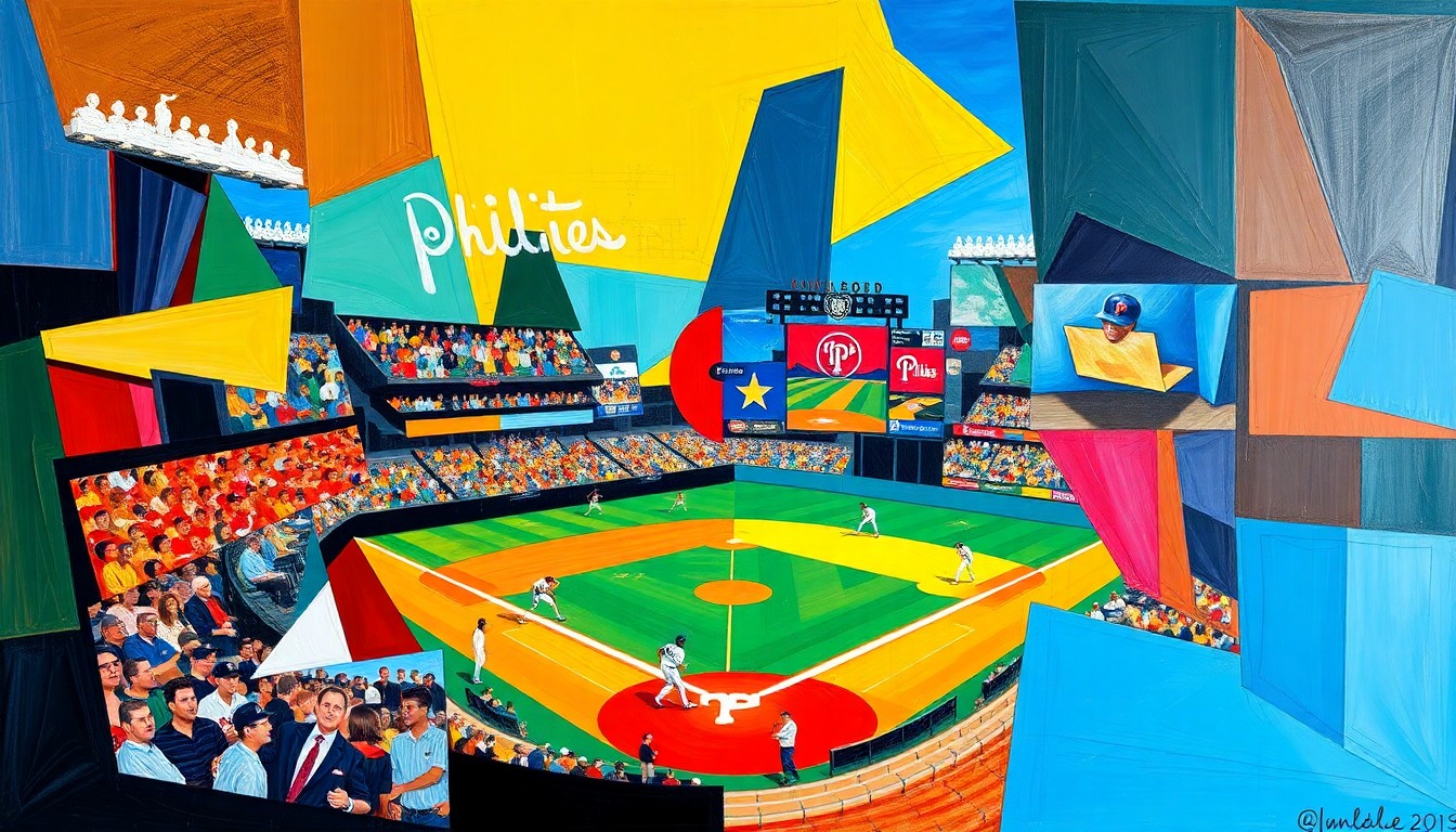 A cubist, geometric painting depicting a Phillies baseball game, with sharp, overlapping planes of bright colors representing the team's offensive outburst against the Rockies.