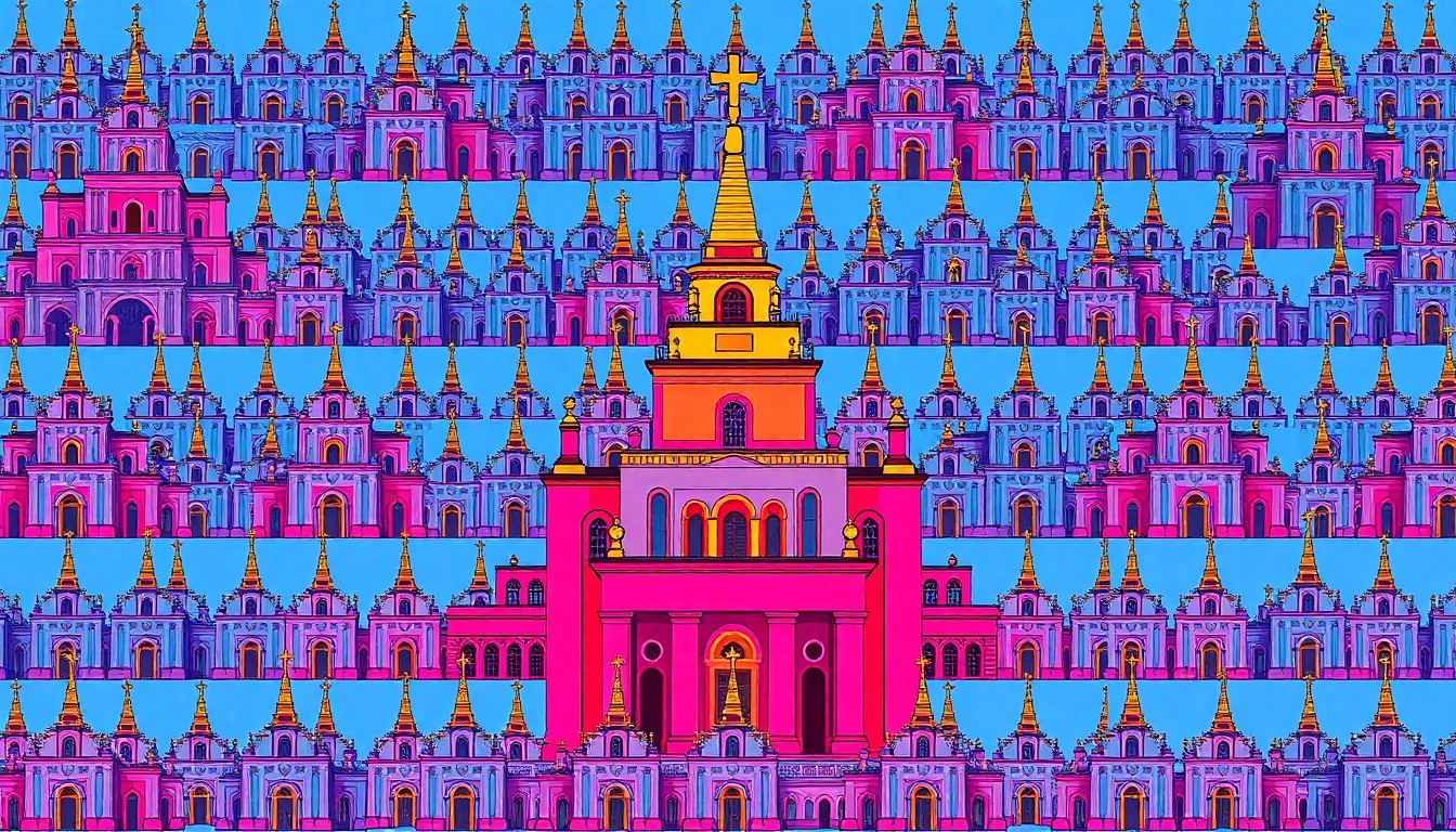 A vibrant, abstract silkscreen print composed of a repeating grid of a single iconic Mormon temple building, rendered in bold neon colors and heavy black outlines, capturing the celebratory energy of a major religious event.