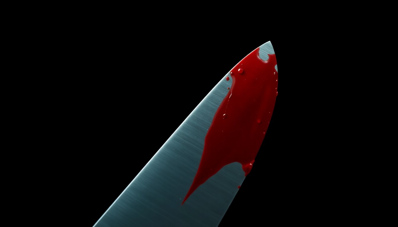 An extreme close-up of a bloody knife blade, the harsh lighting and dark background creating a stark, gritty aesthetic that conceptually represents the violence and investigation surrounding this crime incident.